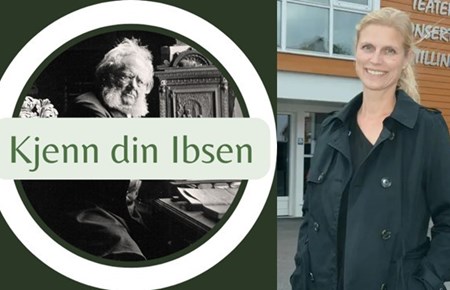 Fotomontasje: Kjenn din Ibsen - logo:. Ibsen sitter ved skrivebordet og Foto av Hilde Elise Bie