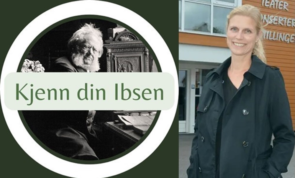 Fotomontasje: Kjenn din Ibsen - logo:. Ibsen sitter ved skrivebordet og Foto av Hilde Elise Bie