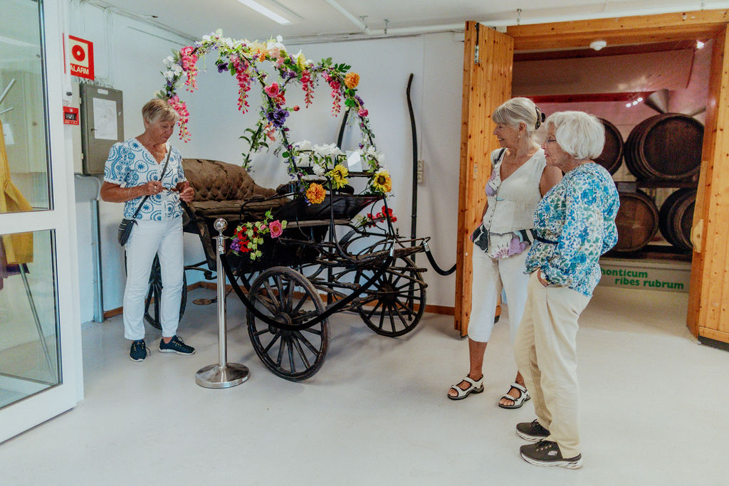 Tre kvinner ser på en hestevogn som er pyntet med massevis av blomster.